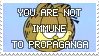 stamp with a picture of garfield with text over his face that states you are not immune to propaganda.