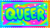 stamp with rainbow background and the caption queer.