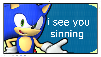stamp with picture of sonic the hedgehog that is captioned I see you sinning.